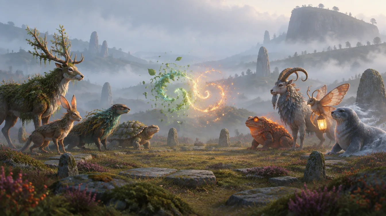 Dua tim berisi empat makhluk saling berhadapan di lingkaran batu tegak di padang berkabut. Di kiri Brackenhart, Brindlehop, Brinemink, dan Shellbarrow; di kanan Coalpuff, Gullhorn, Glimmerwing, dan Fogseal. Pusaran daun hijau bertemu lengkung percikan api di tengah.
